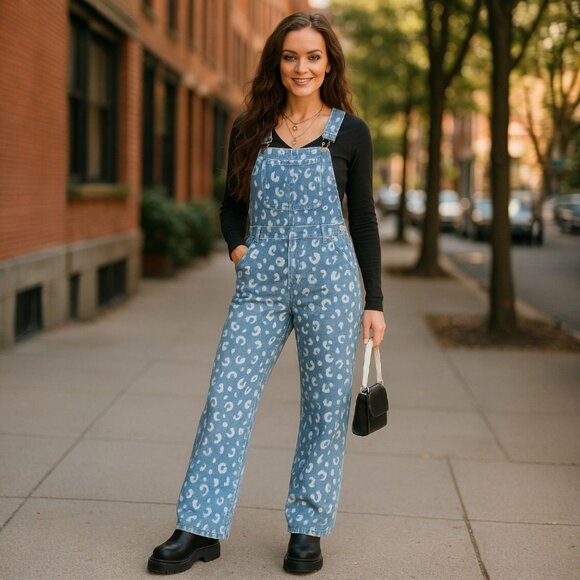 Momokrom Painted Leopard Denim Overalls W/ Adjustable Straps – M/8 NWT - Picture 3 of 9